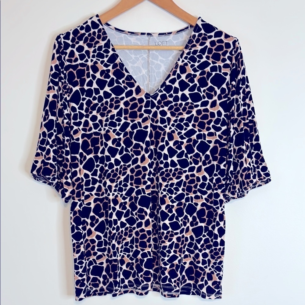 LOFT OUTLET Black/Cream/Tan Cuffed Sleeve V Neck Blouse